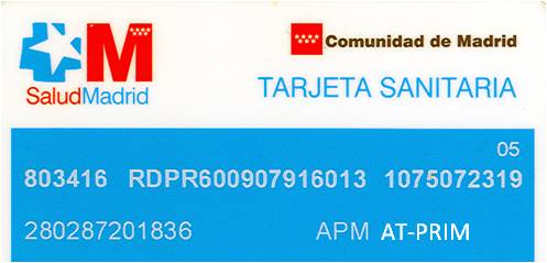 Tarjeta sanitaria de la Comunidad de Madrid para usuarios con Asistencia Primaria Sermas