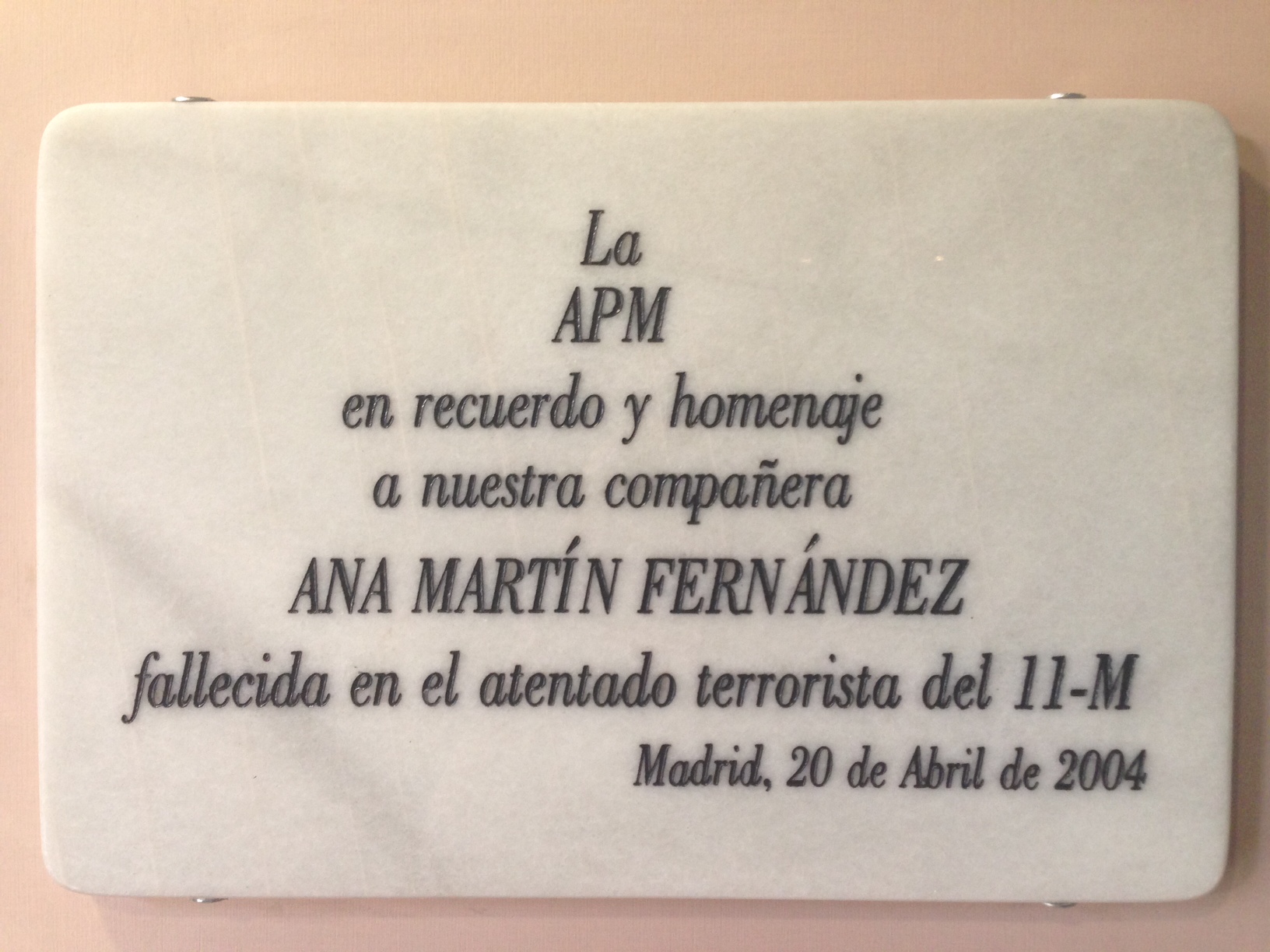 Placa en recuerdo de Ana Martín en la sede de la APM.