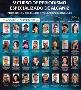 Cartel del V Curso de Periodismo Especializado 'Periodismo y ciencia, los divulgadores esenciales'.