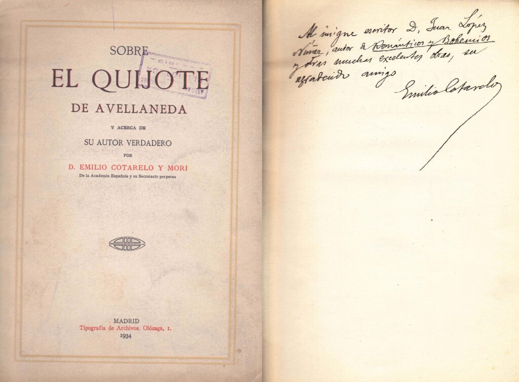 Libro dedicado por Emilio Cotalero y Mori, bibliógrafo y secretario perpetuo de la Real Academia Española al bibliotecario de la Asociación. Fuente: Biblioteca de la APM.