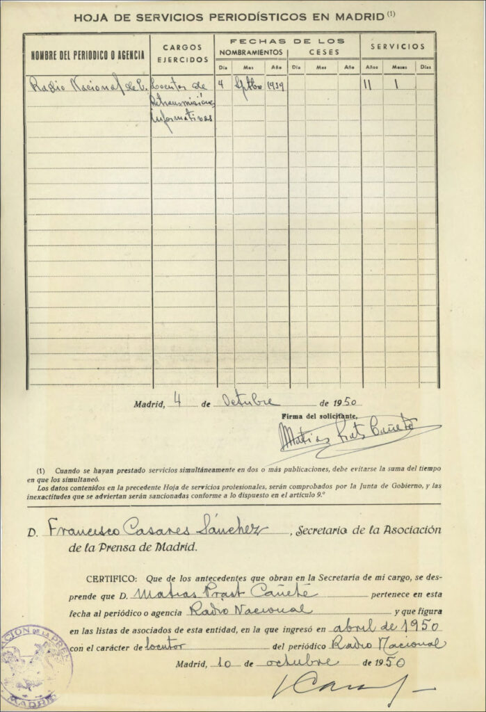 Expediente Hoja de servicios en la que trabajaba el asociado en el año 1950. Fuente: Archivo APM