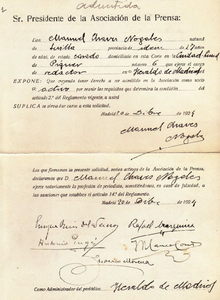 En el año 2014, la APM hizo público por vez primera el expediente de Chaves Nogales. Pocos conocían que fue asociado y que se disputó la presidencia de la Asociación en las elecciones de mayo de 1936. Archivo APM