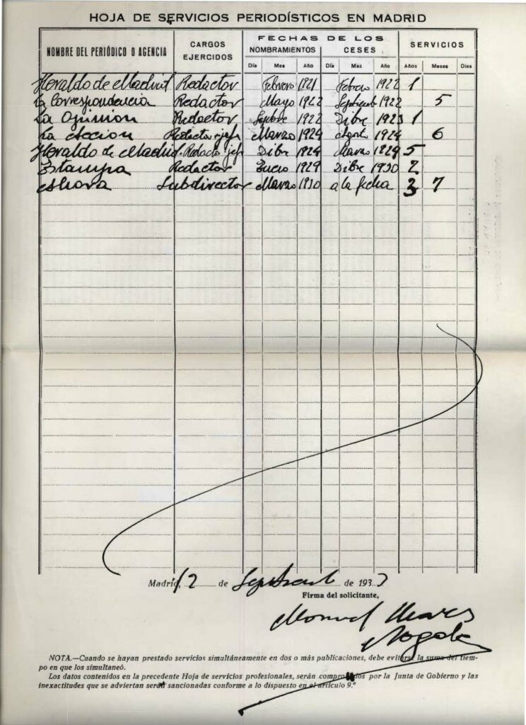 Hoja de servicios donde figura el diario donde trabajaba el asociado Manuel Chaves Nogales (1933). Fuente: Archivo APM