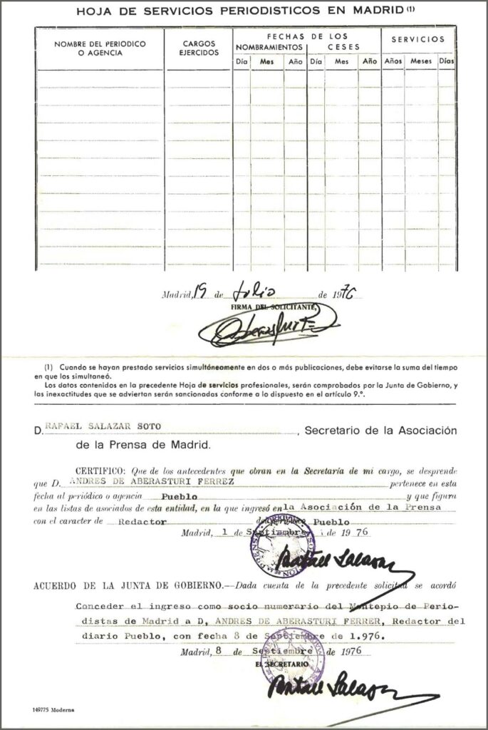 Solicitud de ingreso de Andrés Aberasturi en la APM, en el año 1976, como redactor del diario 'Pueblo'. Fuente: Archivo APM