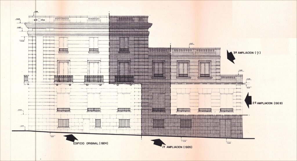 El palacete de la calle de Juan Bravo con las sucesivas ampliaciones por la fachada de la calle de Claudio Coello, donde Mercedes Castellanos instaló su biblioteca. COAM (1928). Fuente: Archivo APM