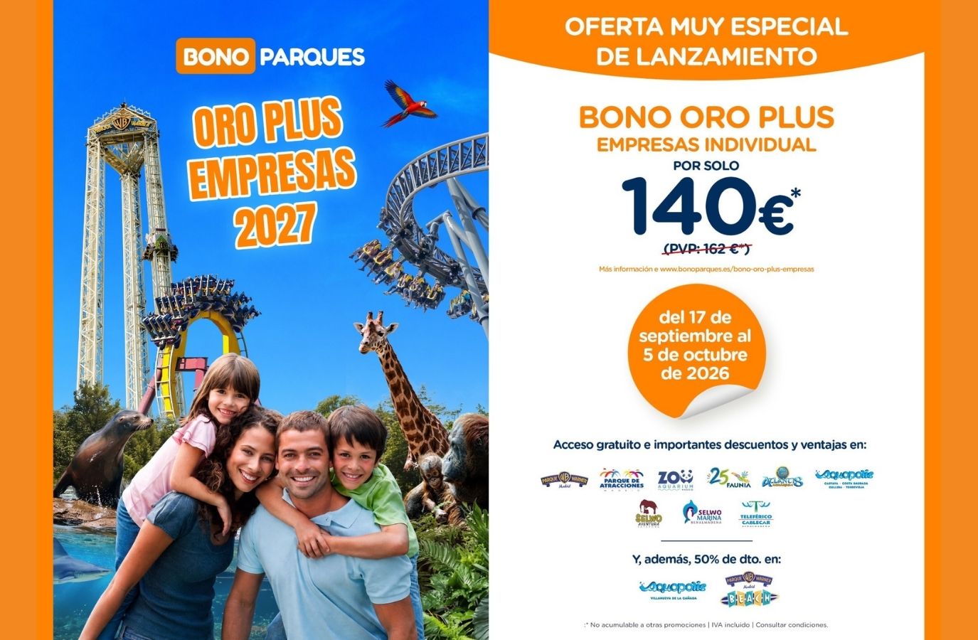 Bono Parques Oro Plus Empresas 2027 por 140 euros APM