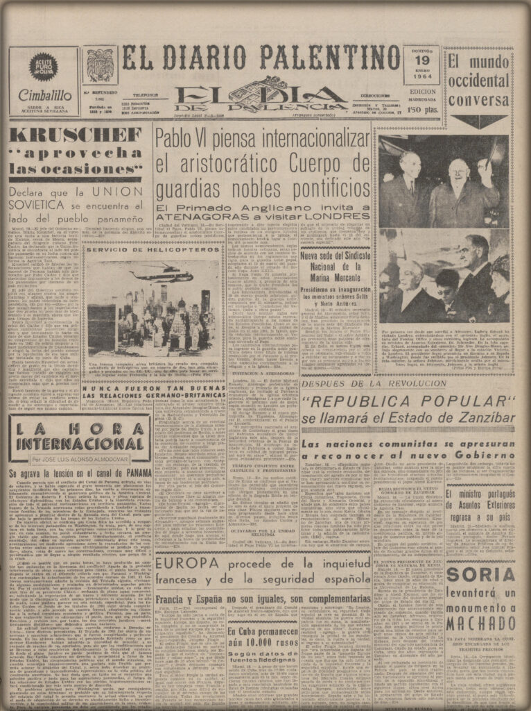 El 'Diario Palentino' publicó en su portada la inauguración de la sede del Sindicato de la Marina Mercante (1964). Fuente: Biblioteca APM