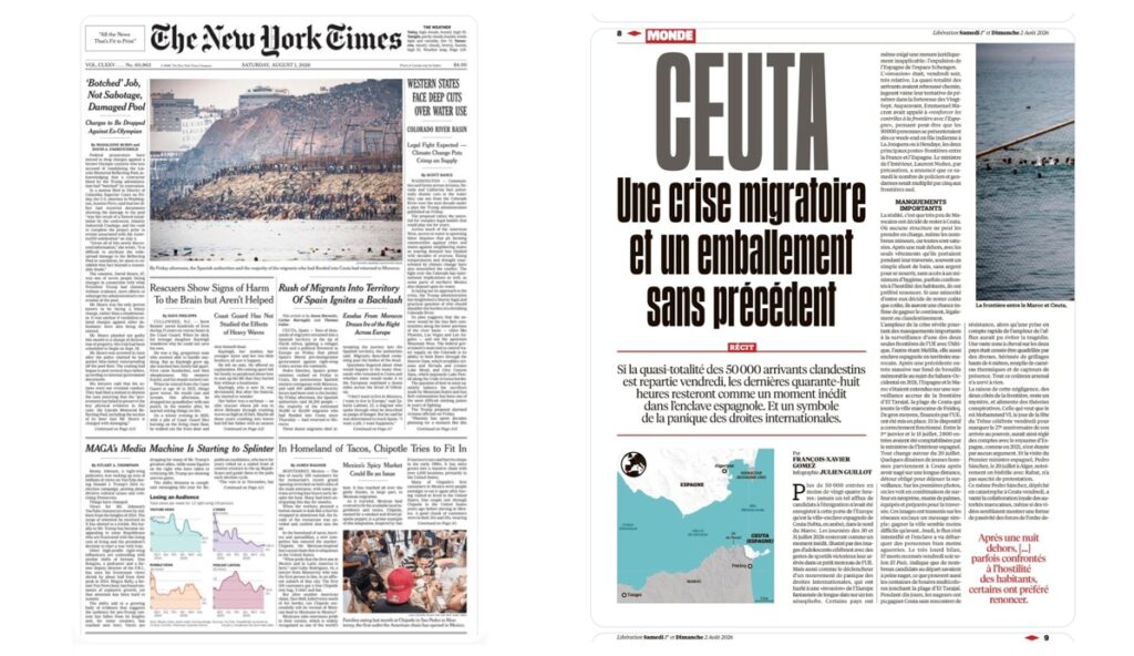 Ejemplos de periódicos internacionales con portadas sobre la crisis migratoria en Ceuta. Imágenes: Carmela Ríos
